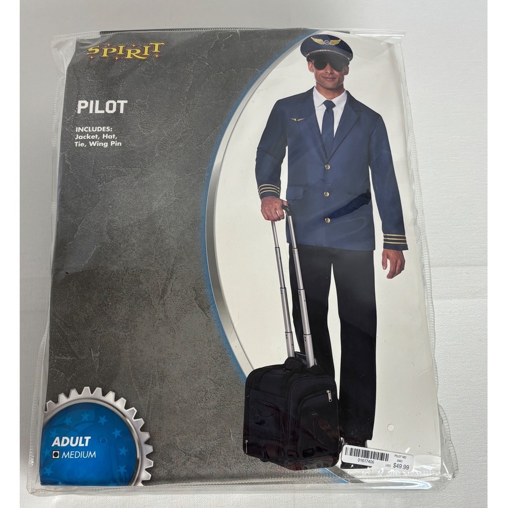 Spirit Halloween Pilot Adult Costume Navy Blue Jacket Hat Tie Wing Pin Medium - Picture 1 of 8